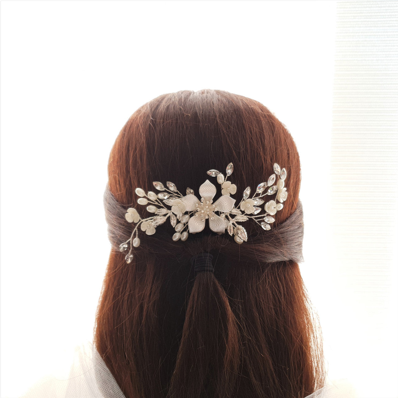 Jewelled Rose Gold Bridal Hair Comb with Pearl & Crystal Leaves-Freya