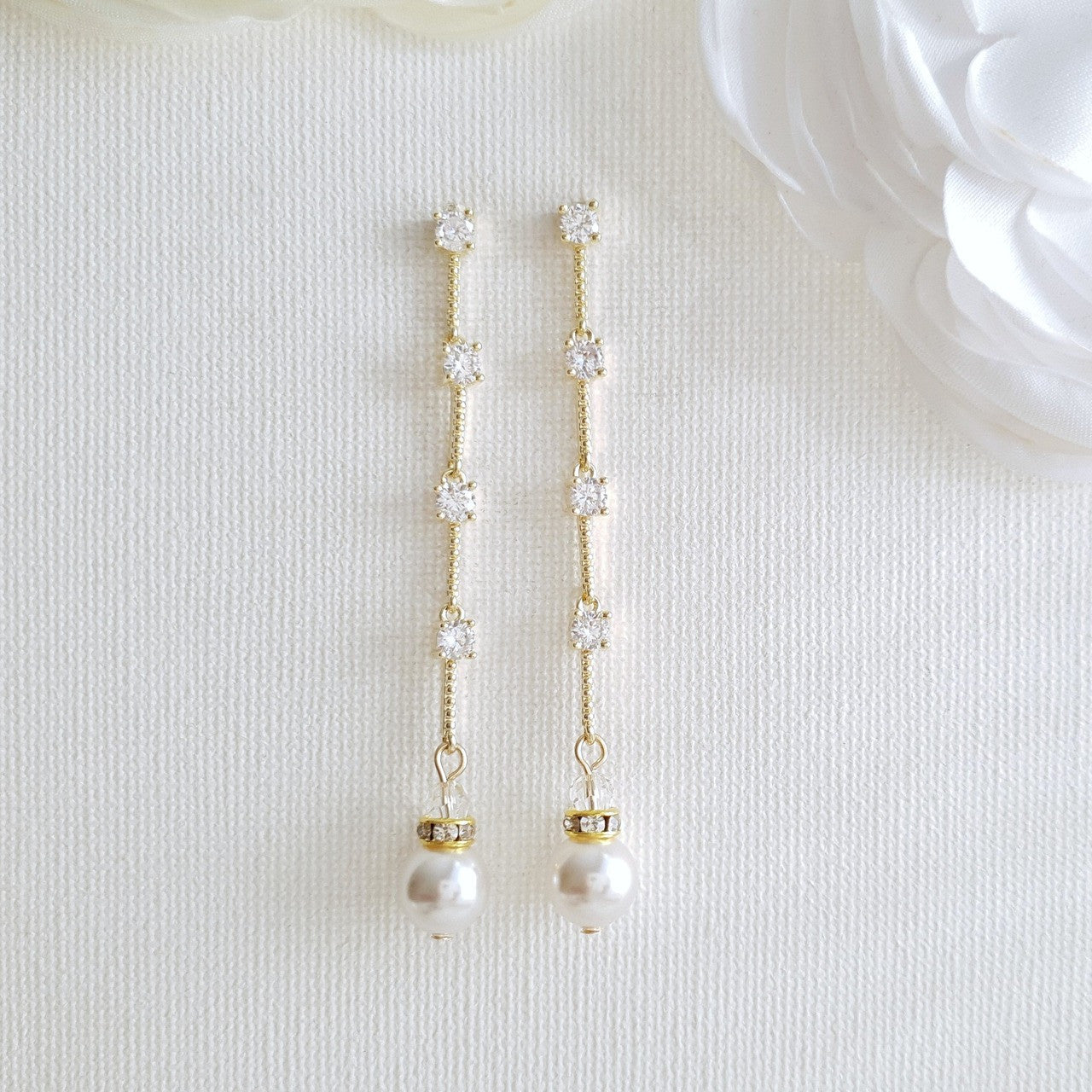 Slim & Long Pearl Earrings for Weddings-Ginger