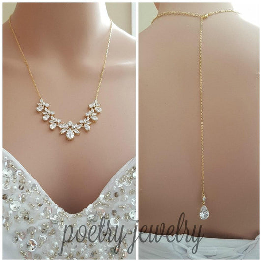 Gold Bridal Necklace, Gold Crystal Back drop Necklace, Gold Wedding Back Necklace, Gold Wedding Bridal Jewelry, Nicole