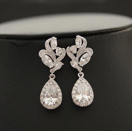 Clear Crystal Drop Earrings for Wedding Silver-Wavy