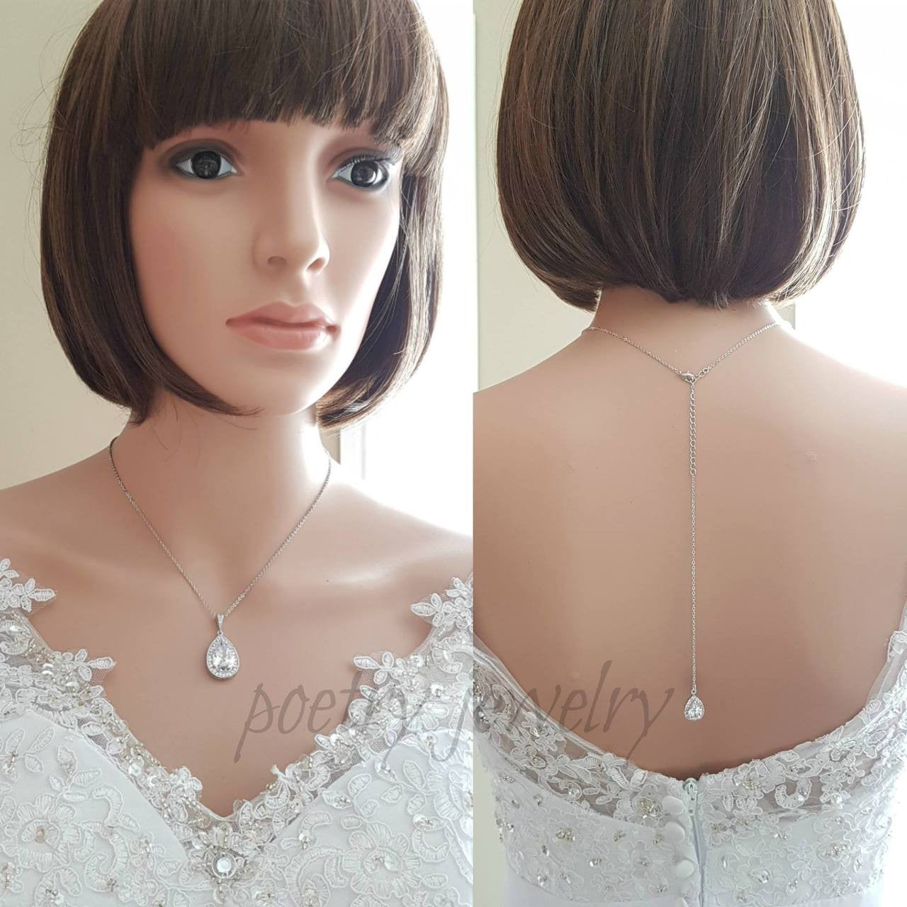 Simple Teardrop Back Necklace for Weddings-Evelyn