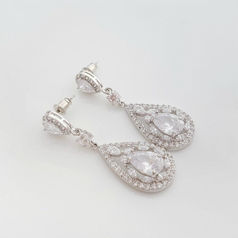 Yellow Gold Bridal Earrings in Cubic Zirconia for Brides-Esther