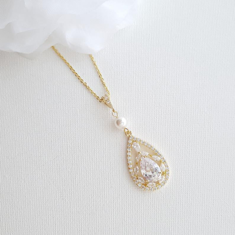 Bridal Pendant Necklace with Teardrop CZ Crystals-Esther