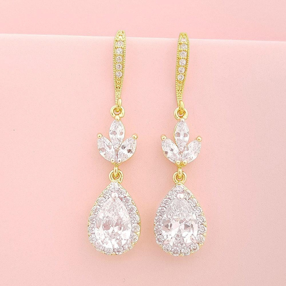 Gold Dangle Teardrop Bridal Earrings Gold Wedding Earrings Cubic Zirconia Gold Crystal Drop Earrings, Lotus Earrings