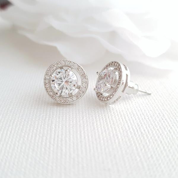 Gold Round Stud Earrings in Cubic Zirconia- Denise