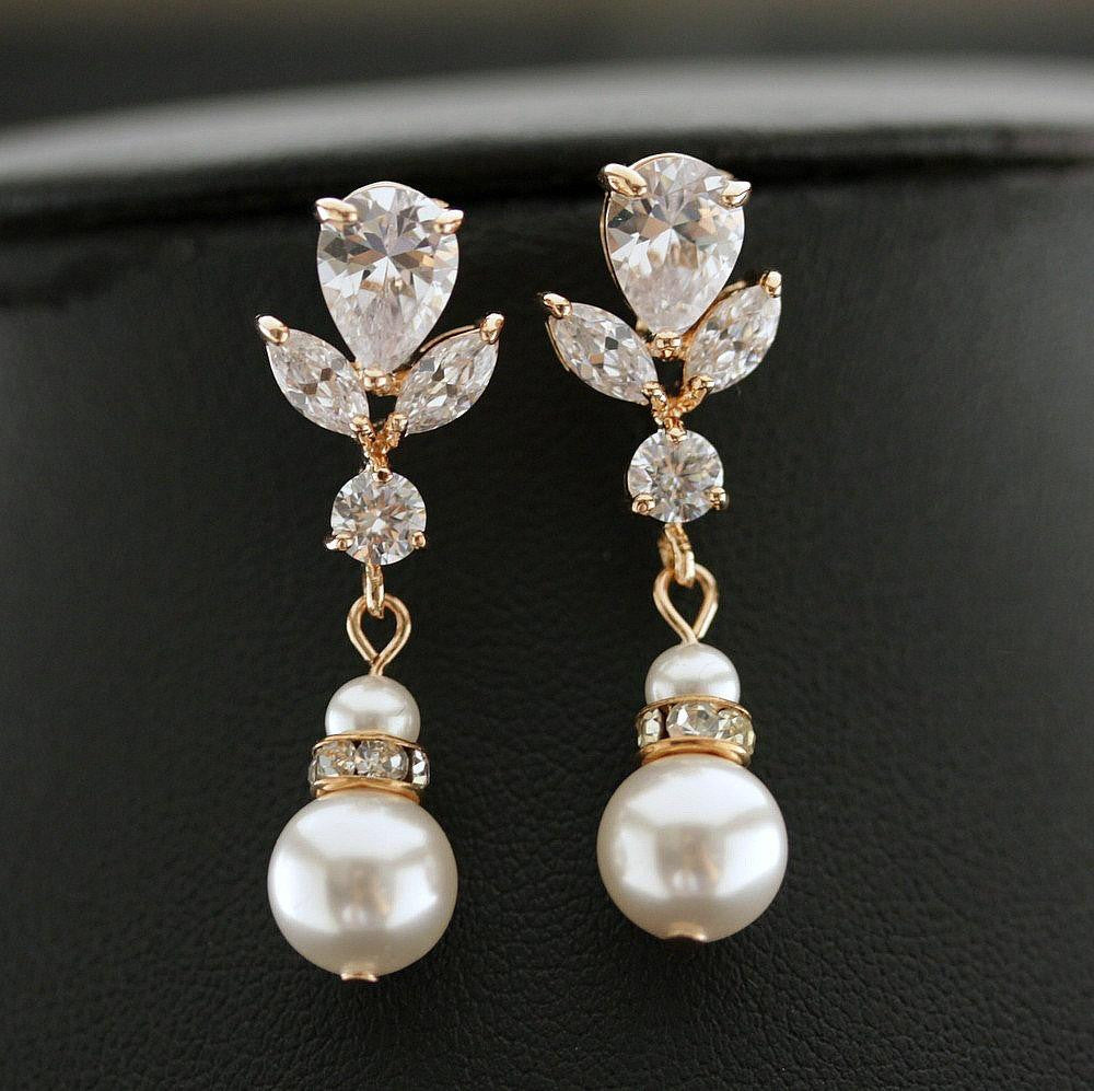 Bridal Earrings in Rose Gold and Pearl Drops-Nicole