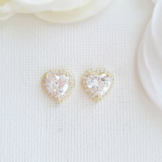 14K Gold Cubic Zirconia Heart Earrings Studs -Diana