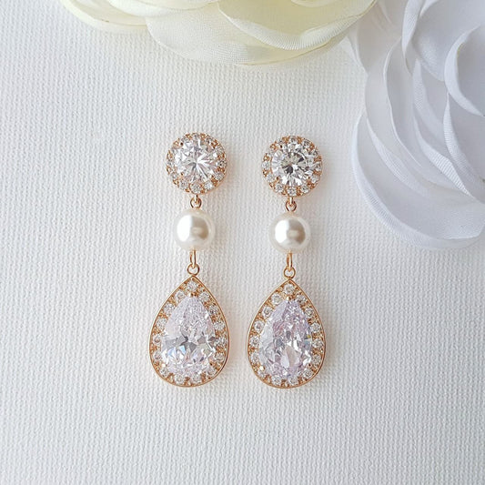 Rose Gold Crystal and Pearl Drop Earrings-Evita