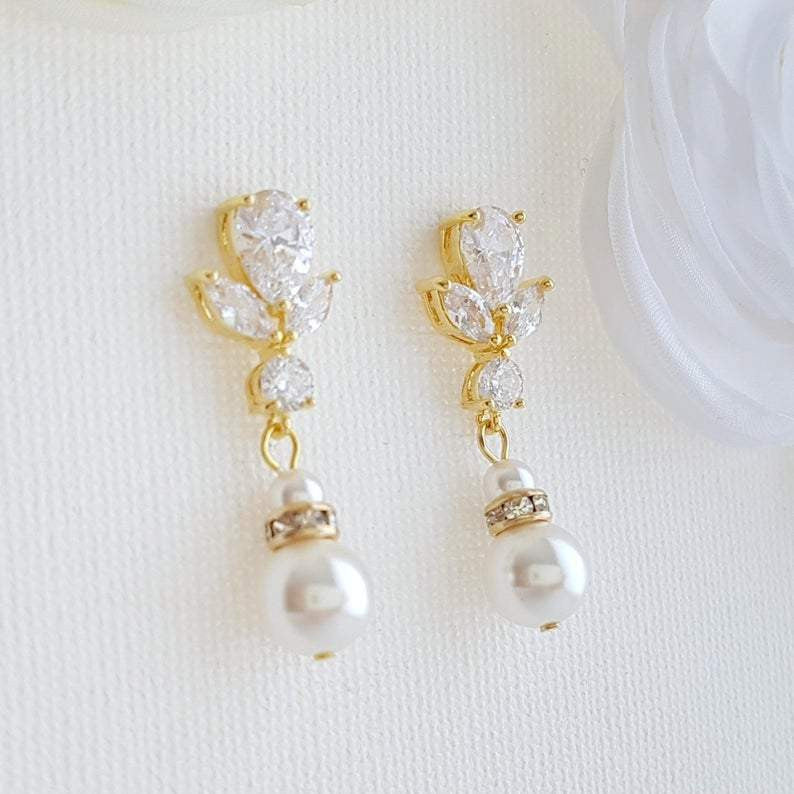 Gold Earrings for Weddings with Pearl Drops-Nicole