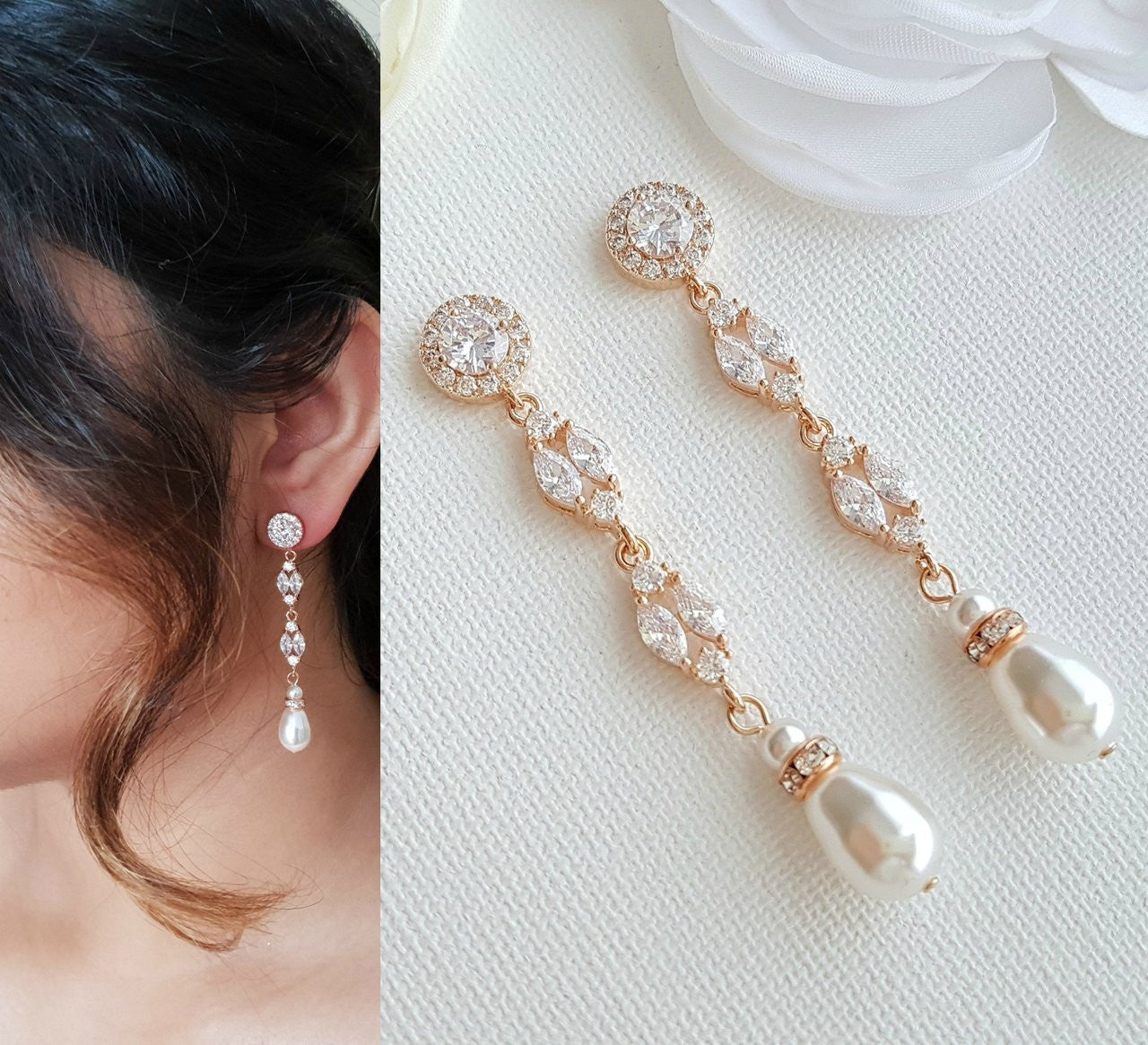 Long Rose Gold Pearl Drop Earrings- Hayley
