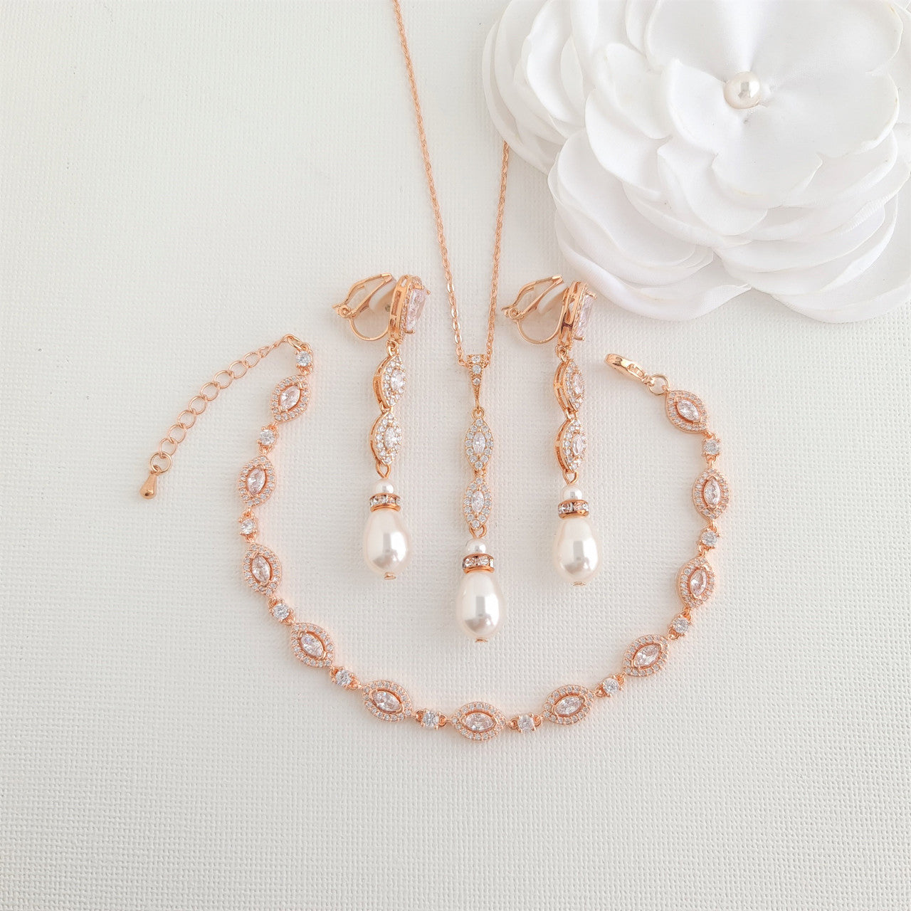 Bridal Jewellery Set With Clip On Earrings Necklace Bracelet- Abby