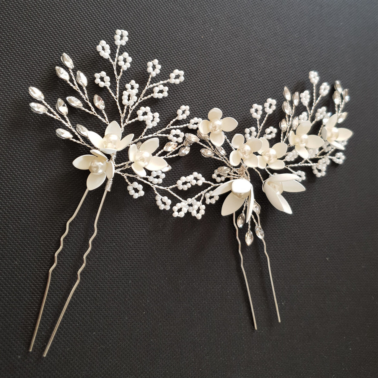 Small White Flowers Bridal Hair Pins With Pearls- Iris