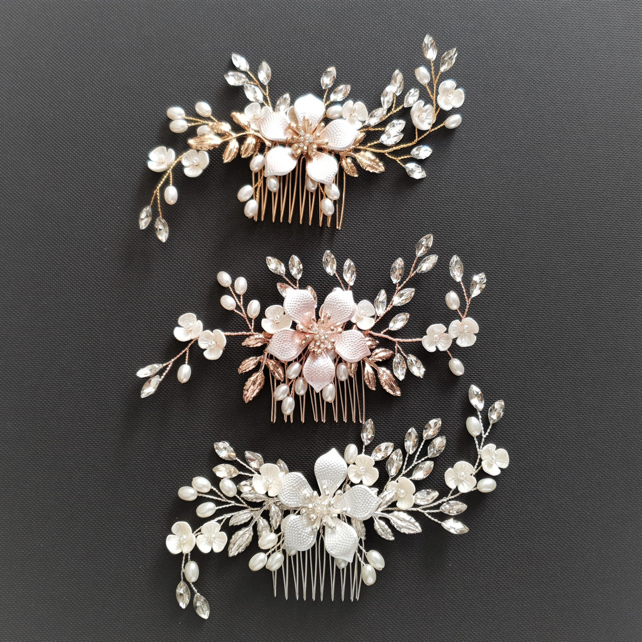 Jewelled Rose Gold Bridal Hair Comb with Pearl & Crystal Leaves-Freya