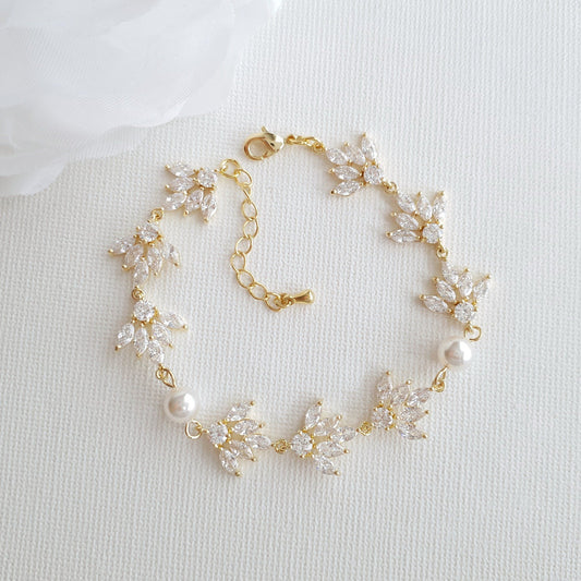 Gold Wedding Bracelet With Cubic Zirconia & Pearls-Rosa