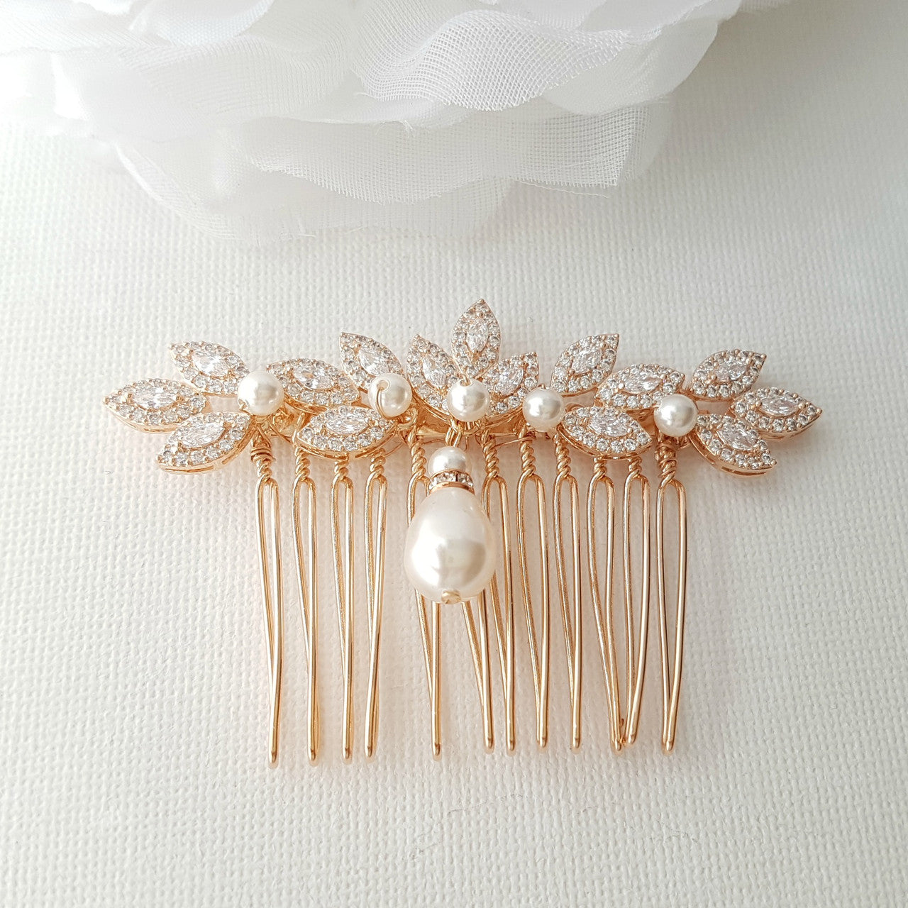 Leaf Design Rose Gold Pearl Wedding Hair Comb-Abby