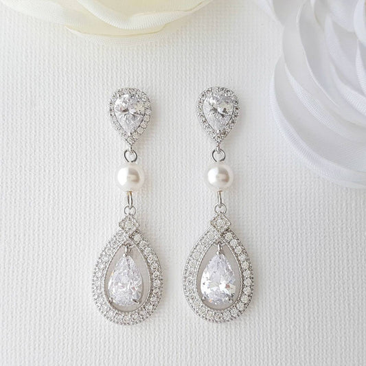 Crystal Wedding Earrings With CZ &  Pearl- Sarah