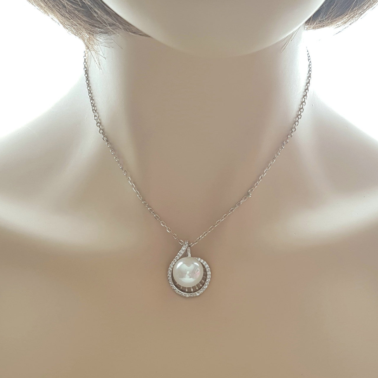 Large Pearl Pendant Silver Necklace-Jen