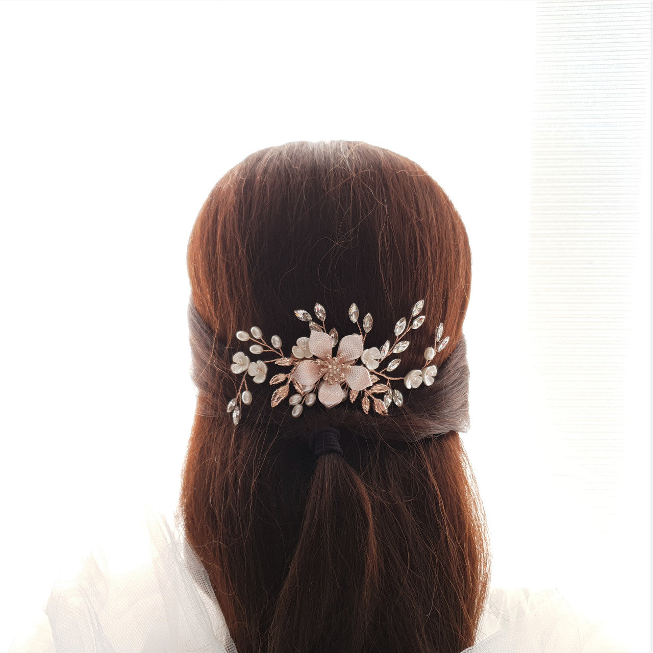Jewelled Rose Gold Bridal Hair Comb with Pearl & Crystal Leaves-Freya