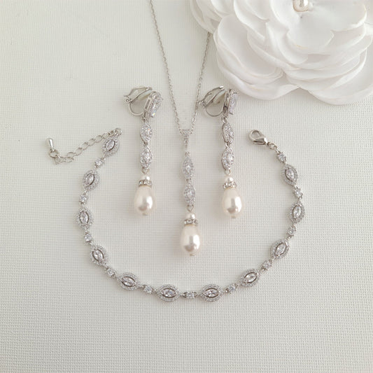 Bridal Jewellery Set With Clip On Earrings Necklace Bracelet- Abby