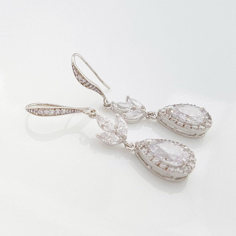 Bridal Rose Gold Teardrop Earrings Wedding Jewelry Rose Gold Crystal Drop Earrings, Lotus Earrings