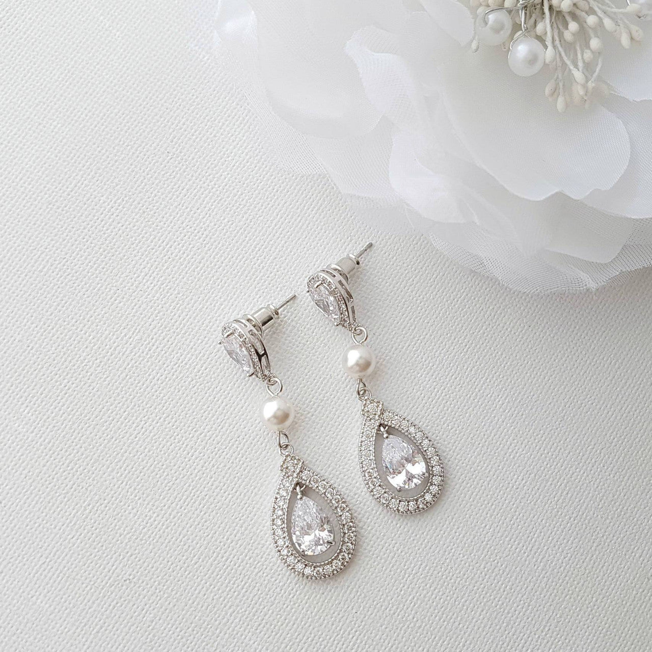 Rose Gold Bridal Earrings in Pearls & Cubic Zirconia-Sarah