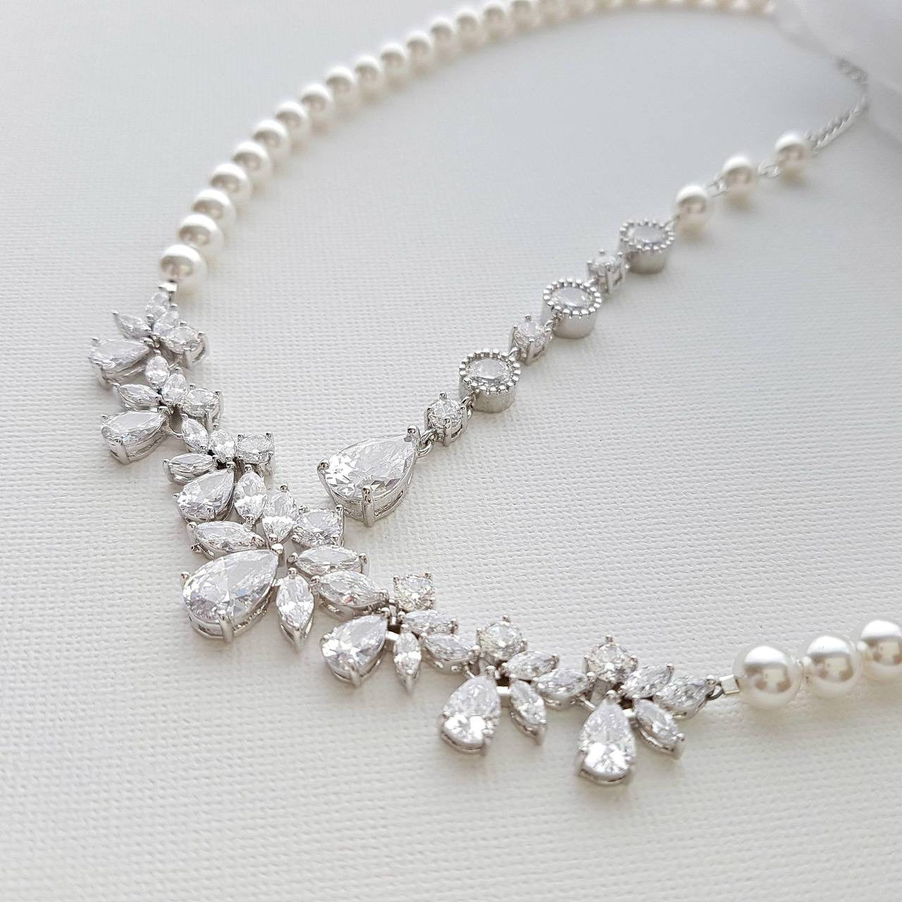 Back Bridal Necklace in Crystal and Pearl Backdrop for Wedding-Nicole