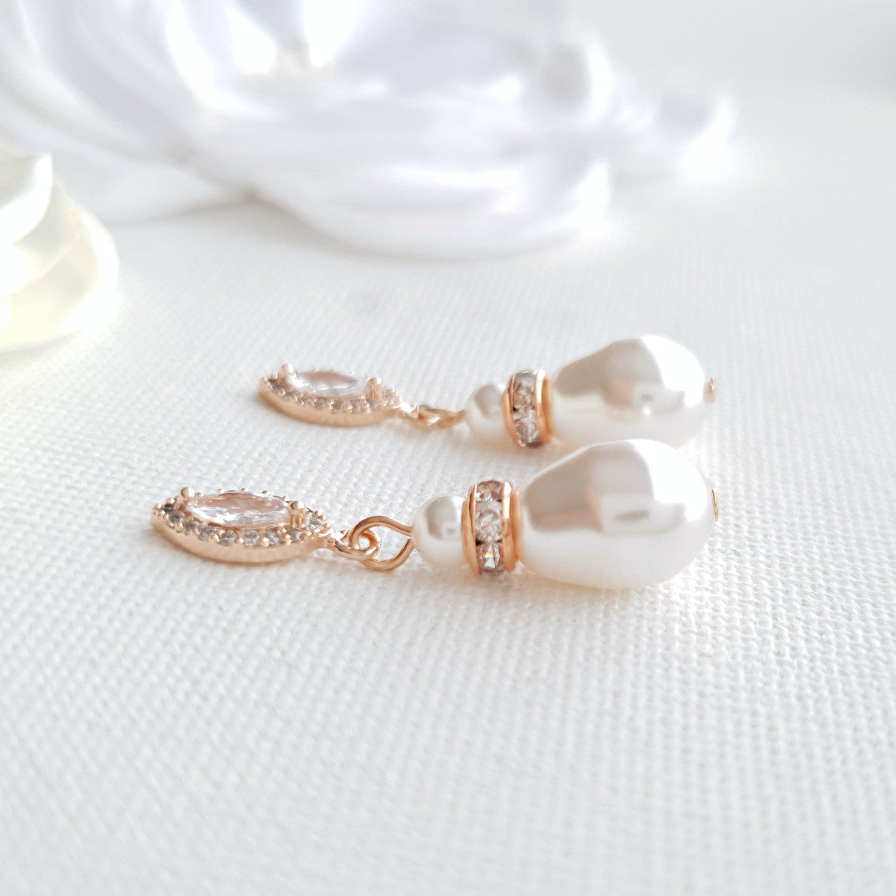 Rose Gold Pearl Teardrop Earrings for Brides- Ella