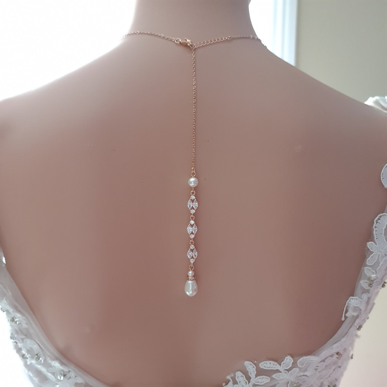 Bridal Back Necklace with Pearl & Crystal Backdrop for Weddings- Hayley