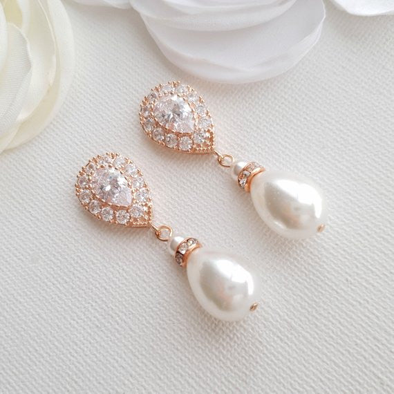 Rose Gold Pearl Drop Earrings-Penelope