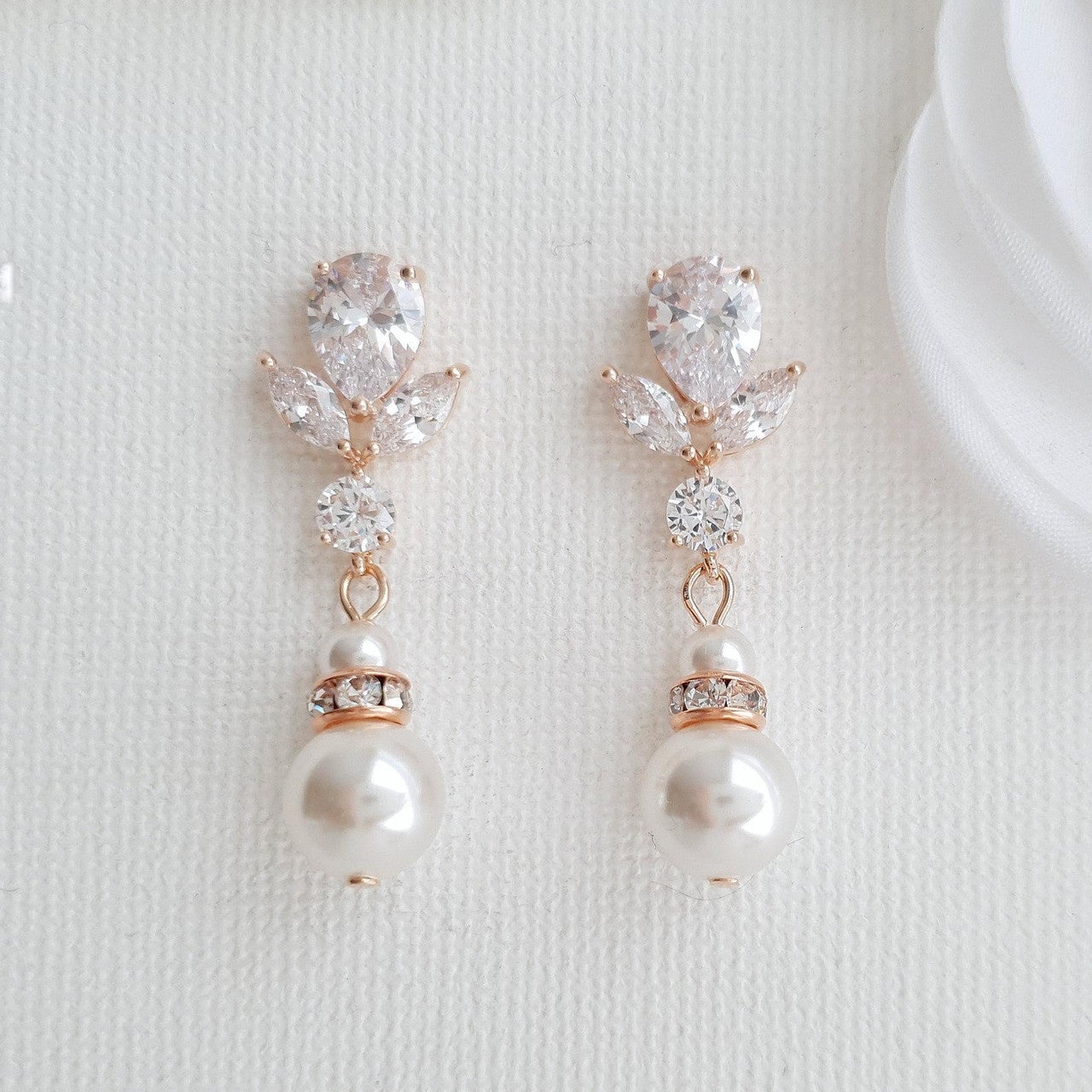 Bridal Earrings in Rose Gold and Pearl Drops-Nicole