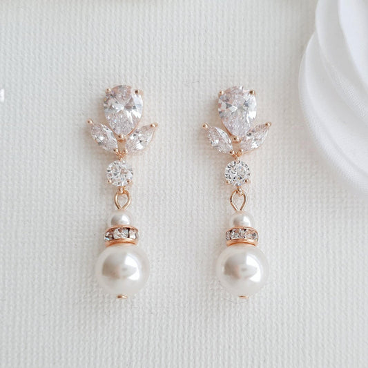 Bridal Earrings in Rose Gold and Pearl Drops-Nicole