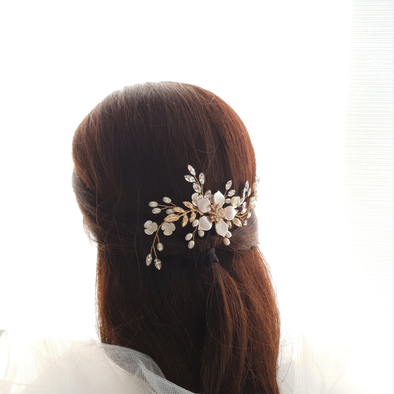 Jewelled Rose Gold Bridal Hair Comb with Pearl & Crystal Leaves-Freya