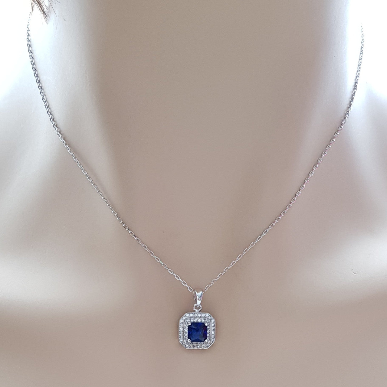 Blue Sapphire Cubic Zirconia Necklace Pendant- Quad Blue