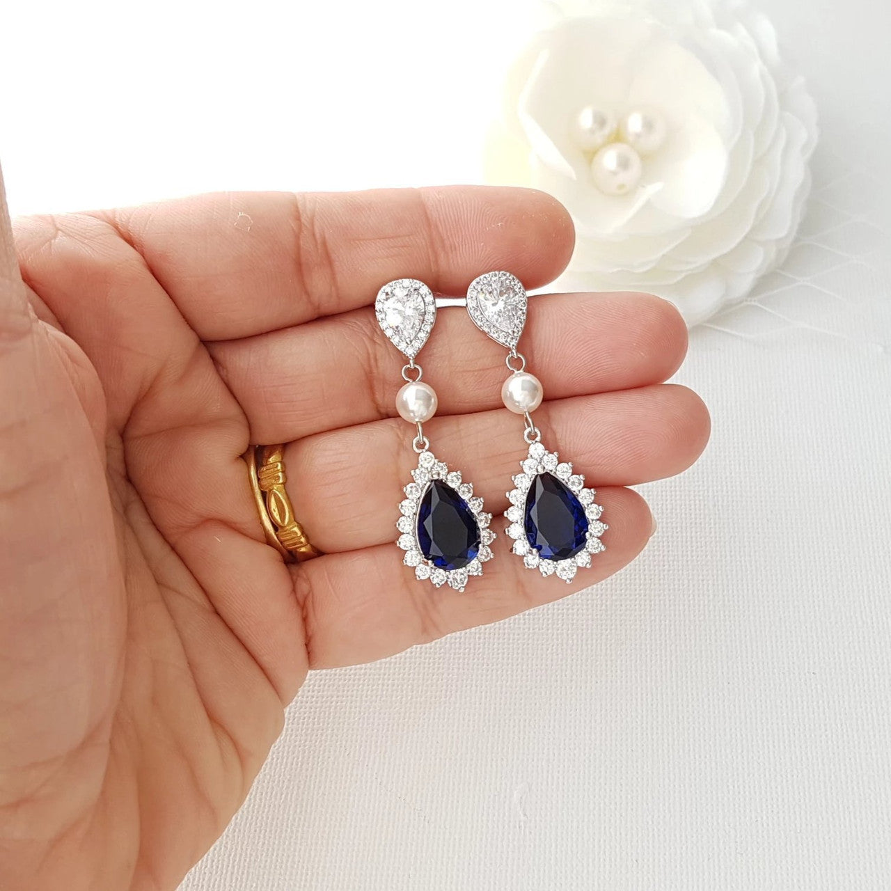 Blue Drop Earrings with Pearls- Poetry Designs