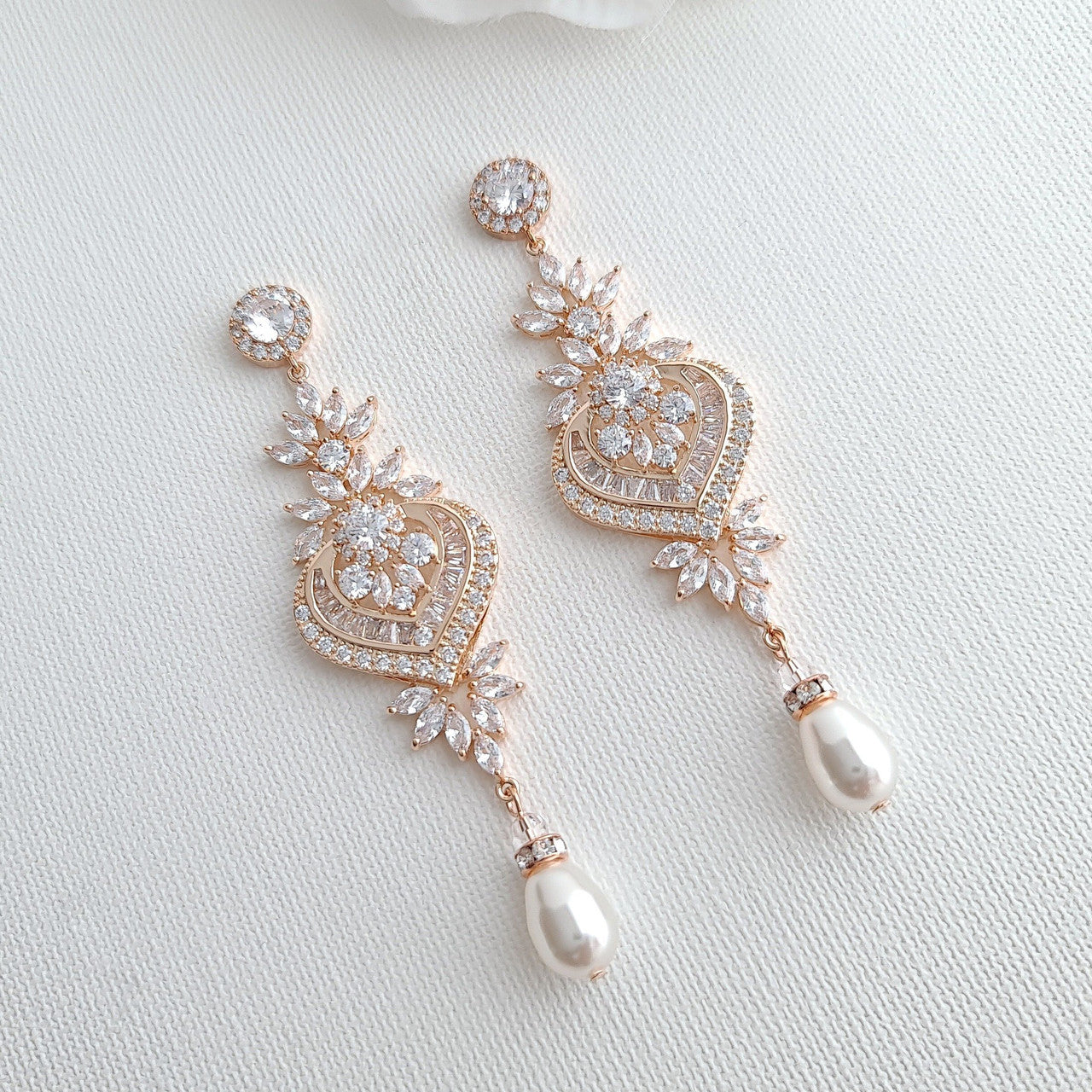 Long Rose Gold Statement Bridal Earrings- Poetry Designs