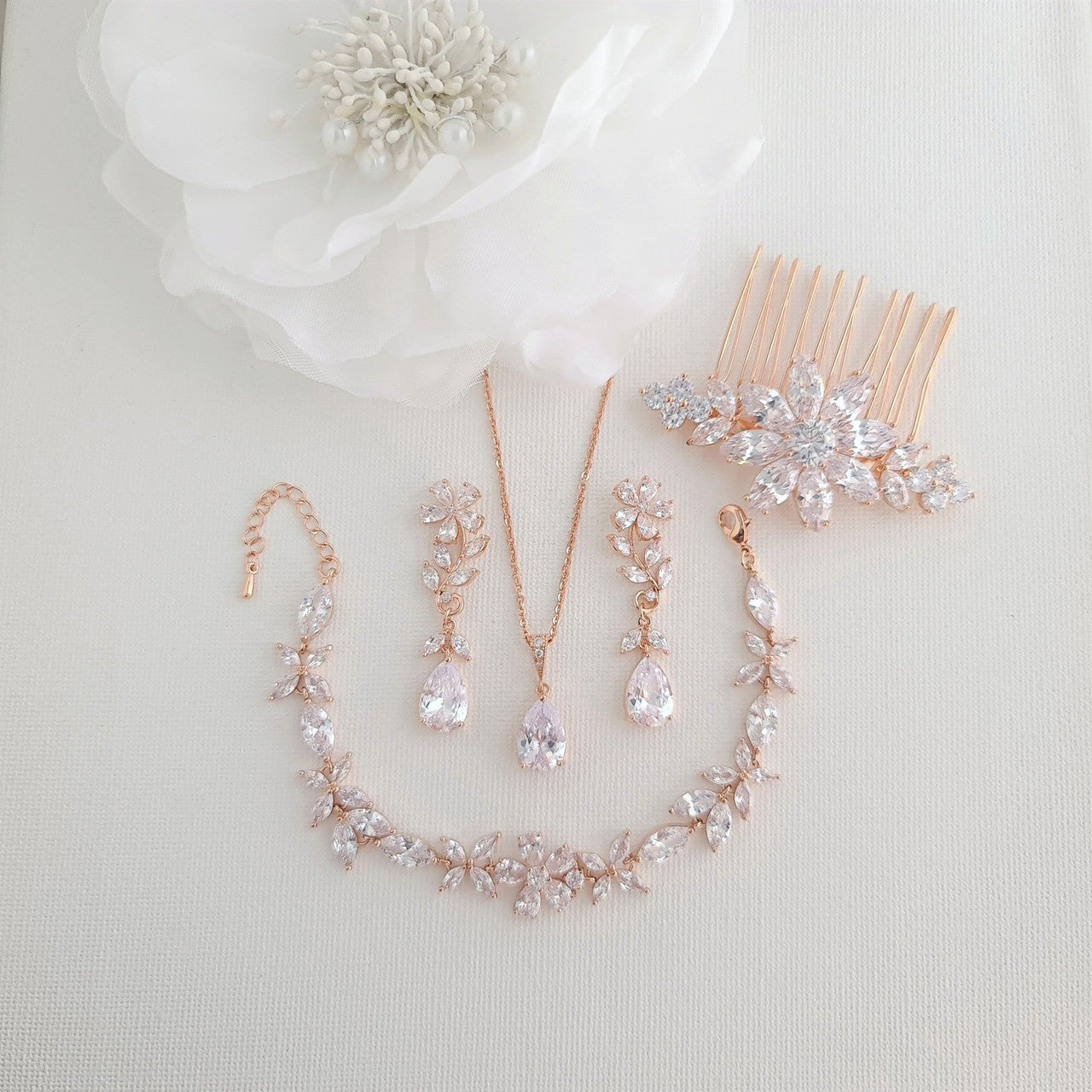 Floral Bridal Bracelet in Rose Gold & CZ Crystals- Daisy