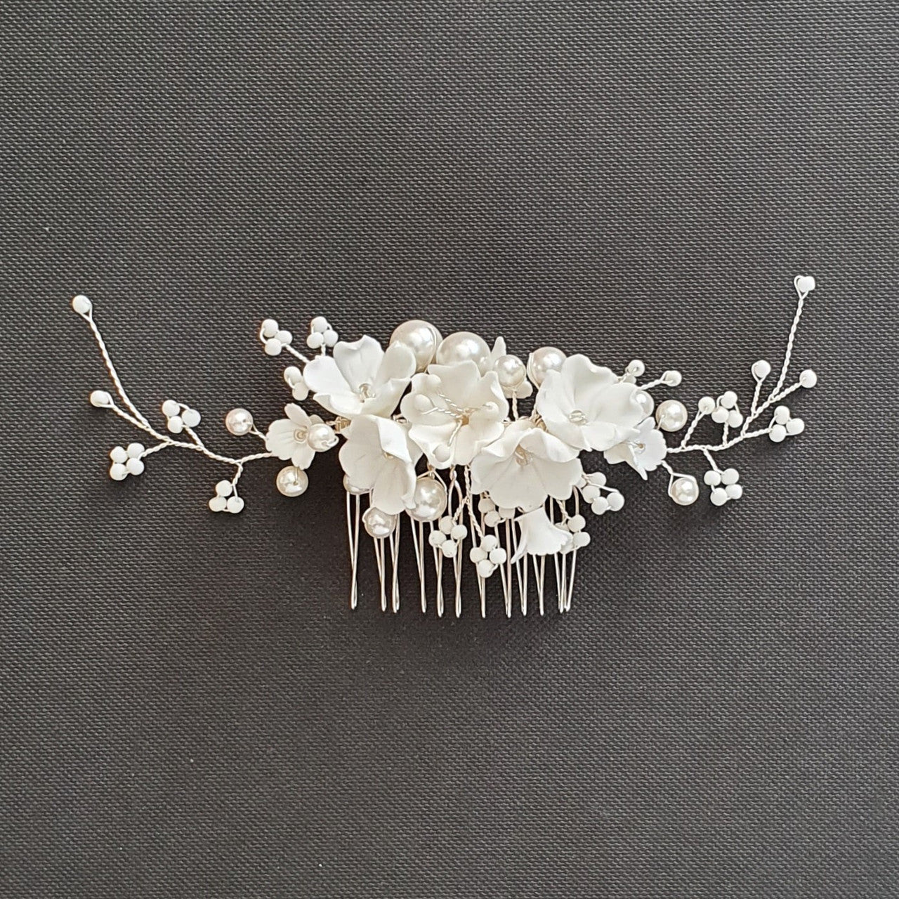 Pearl Bridal Hair Comb with White Flowers-Daphne