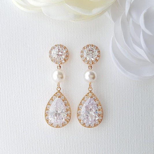 Rose Gold Crystal and Pearl Drop Earrings-Evita