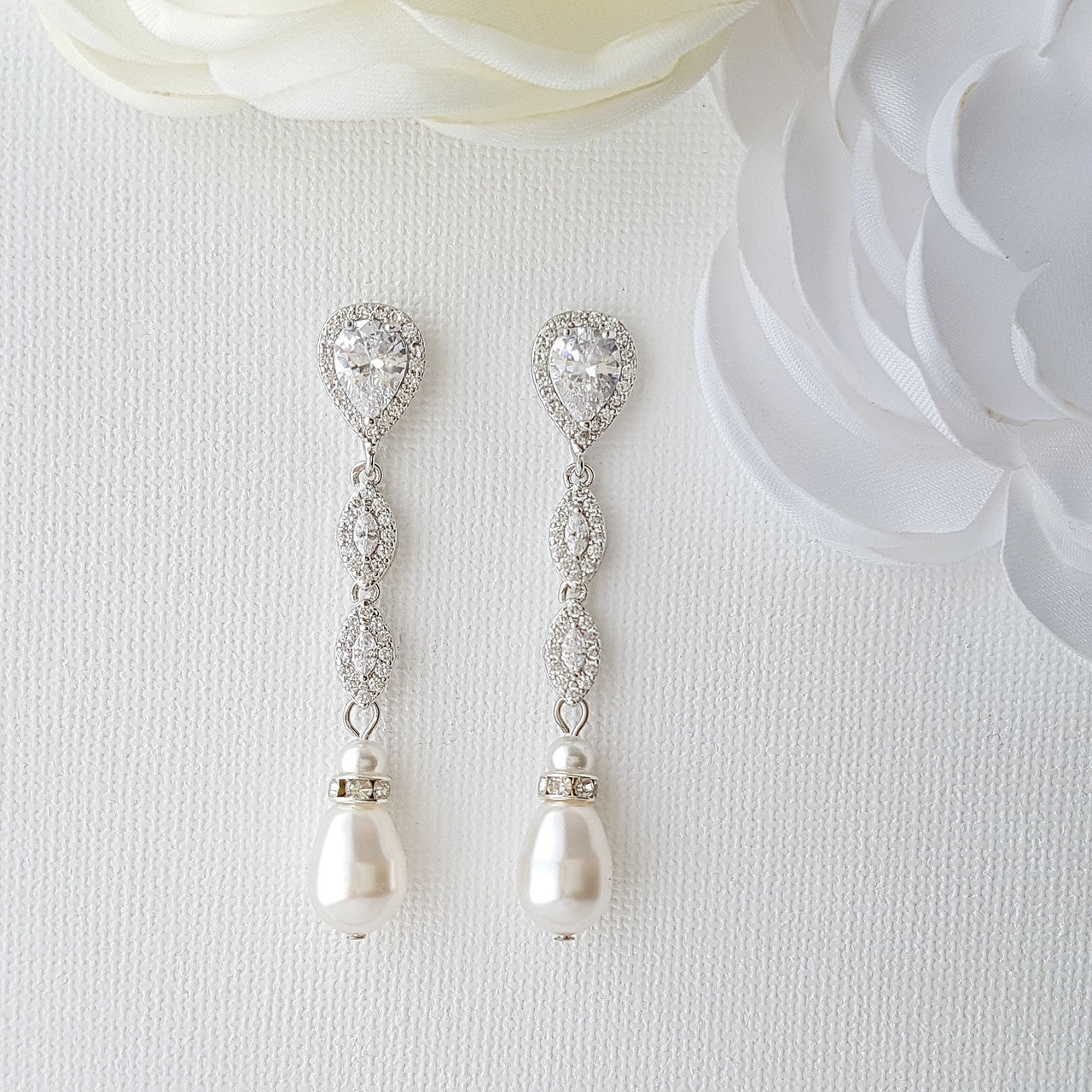 Pearl Drop Clip On Earrings in Silver-Abby