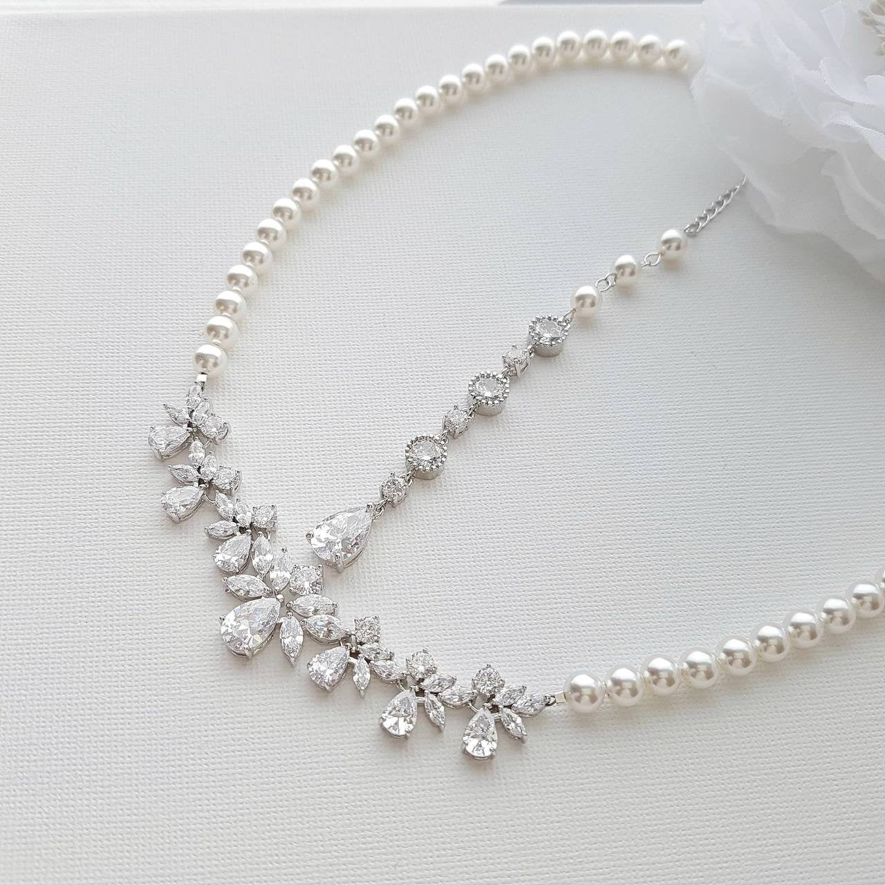 Back Bridal Necklace in Crystal and Pearl Backdrop for Wedding-Nicole