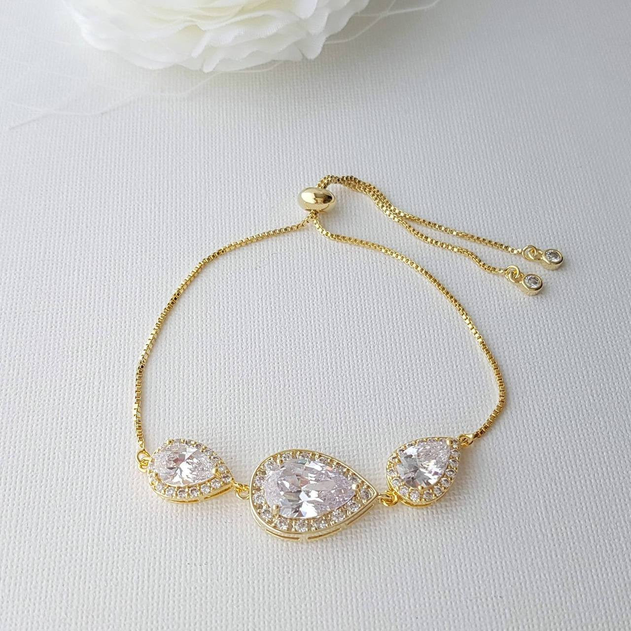 Gold Bridal Bracelet, Gold Wedding Jewelry, Gold Crystal Bracelet, Clear Cubic Zirconia, Gold Teardrop Bracelet, Bridesmaid Bracelet, Evelyn