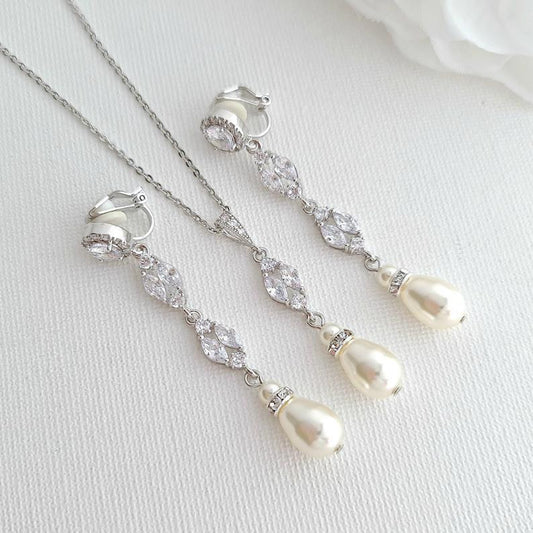 Long Clip on Earrings and Necklace Jewellery Set for Weddings-Hayley