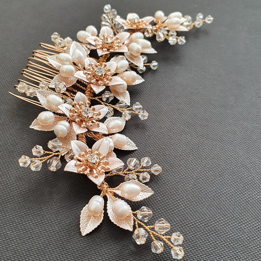 Gold Leaf Statement Hair Comb | Delicately Crafted Pearl & Crystal Bridal Piece-Liana