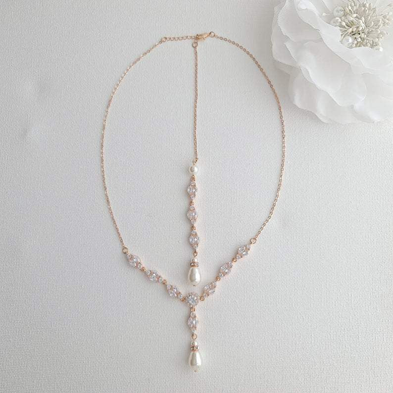 Bridal Back Necklace with Pearl & Crystal Backdrop for Weddings- Hayley