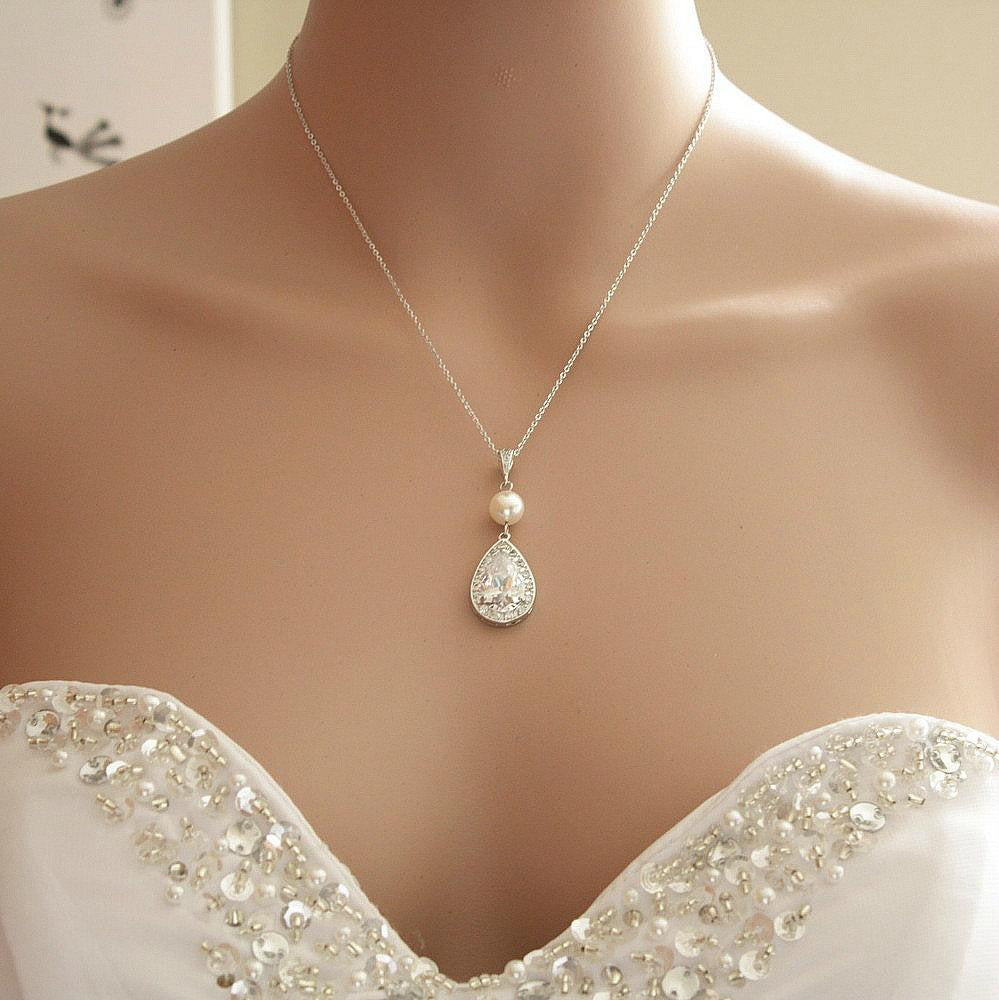 Bridal Necklace, Crystal Wedding Necklace, Rose Gold, Gold, Large Cubic Zirconia Teardrop, Crystal Drop Pendant, Wedding Jewelry, Evita