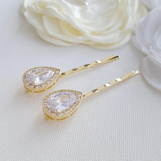 Gold Teardrop CZ Hair Pins | Versatile Bobby Pin Set for Wedding, Work & Everyday Styling- Evelyn