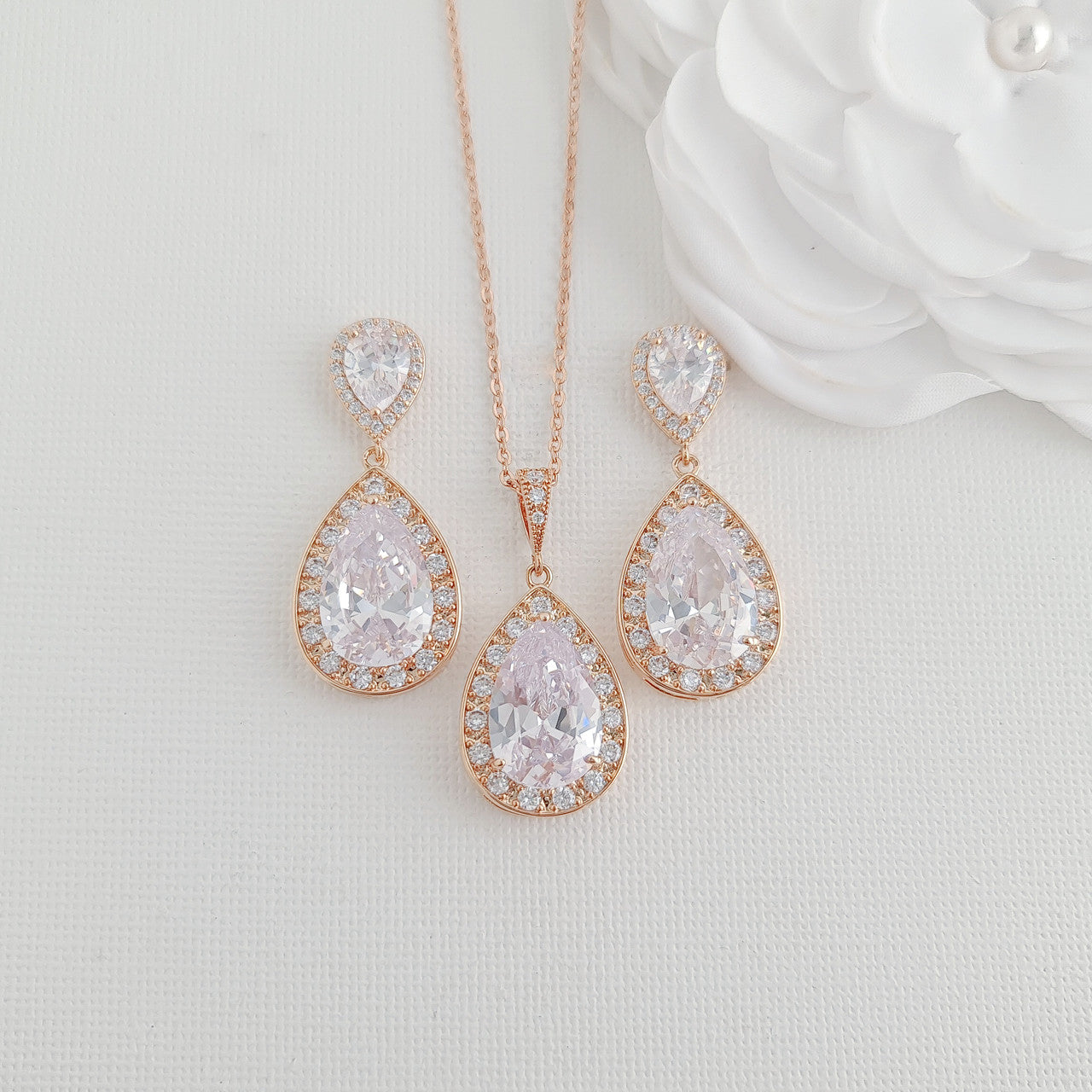 Teardrop Bridal Jewelry Set in Rose Gold- Evelyn