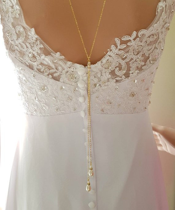 Gold Back Necklace With Pearl Drops-June