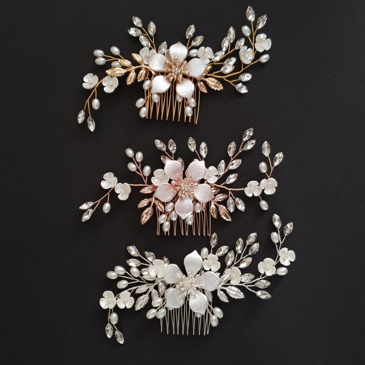 Jewelled Rose Gold Bridal Hair Comb with Pearl & Crystal Leaves-Freya