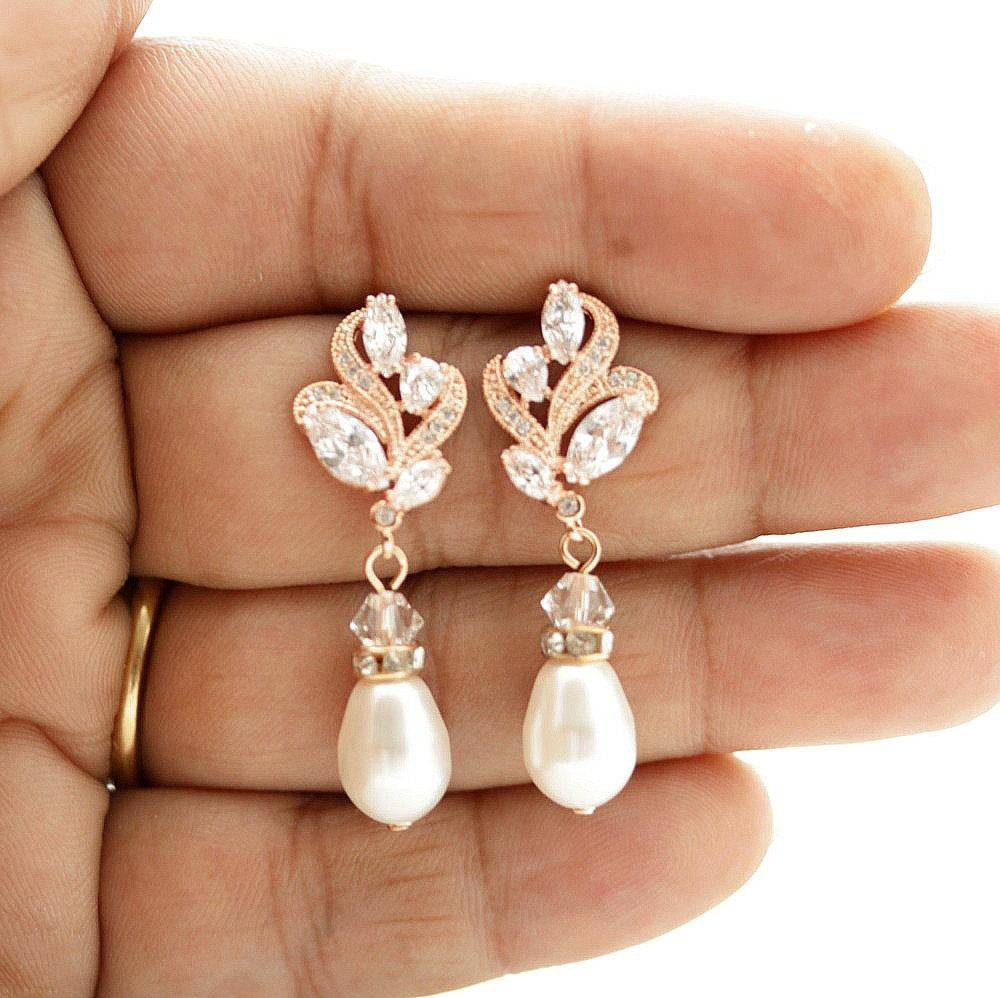 Rose Gold Bridal Earrings With Pearl Drops-Wavy